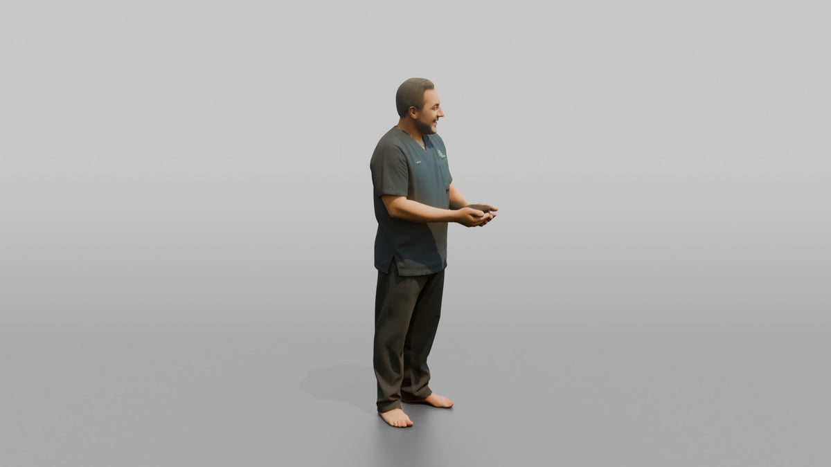 Massage Therapist Man Holding Warm Stones In Cupped Hands - 3D character model, view 2