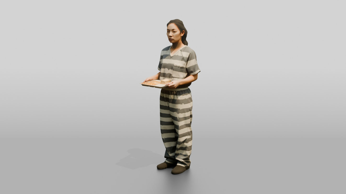 East Asian Female Prisoner in a Grey-white Striped Uniform
