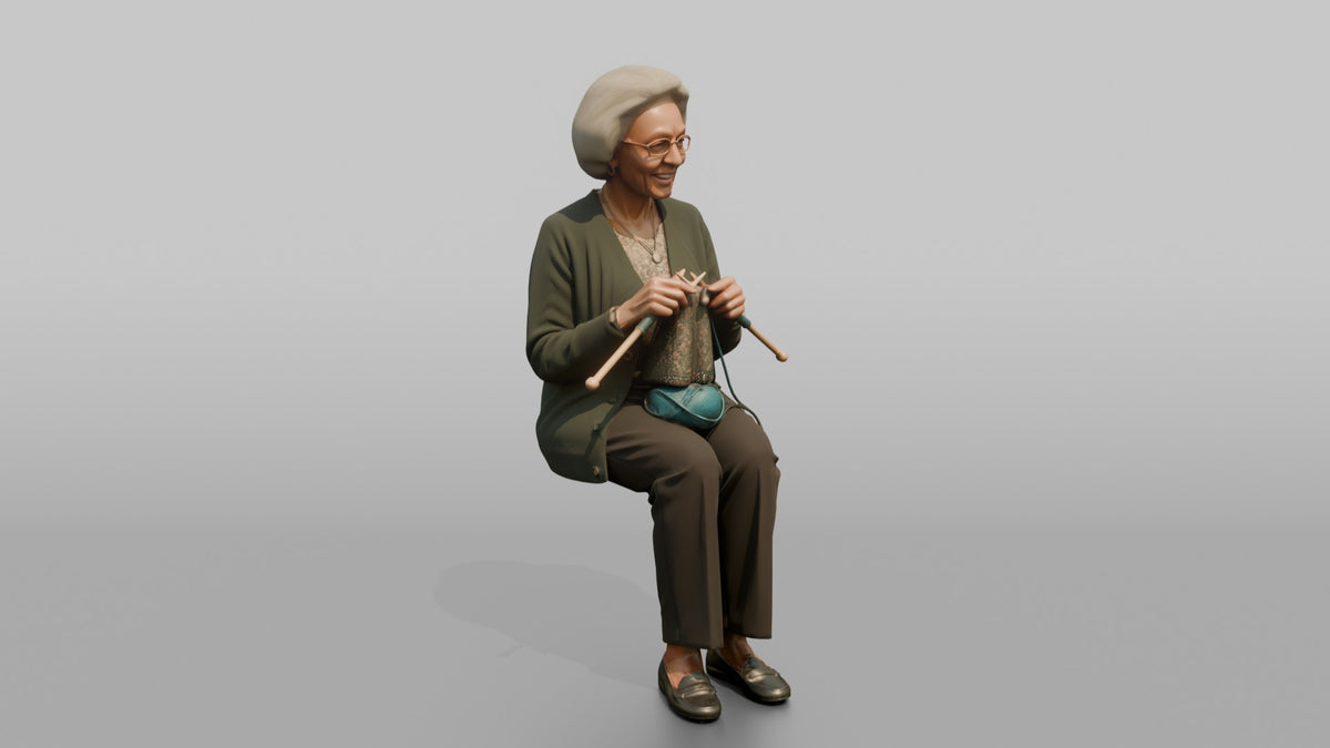 Grandmother Holding A Pair Of Knitting Needles And Yarn - 3D character model