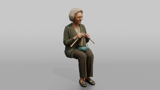 Grandmother Holding A Pair Of Knitting Needles And Yarn - 3D character model