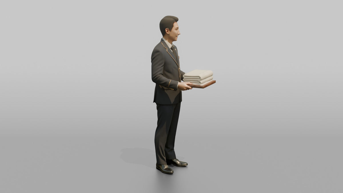 Bellhop Woman Carrying A Tray With Folded Towels - 3D character model, view 2