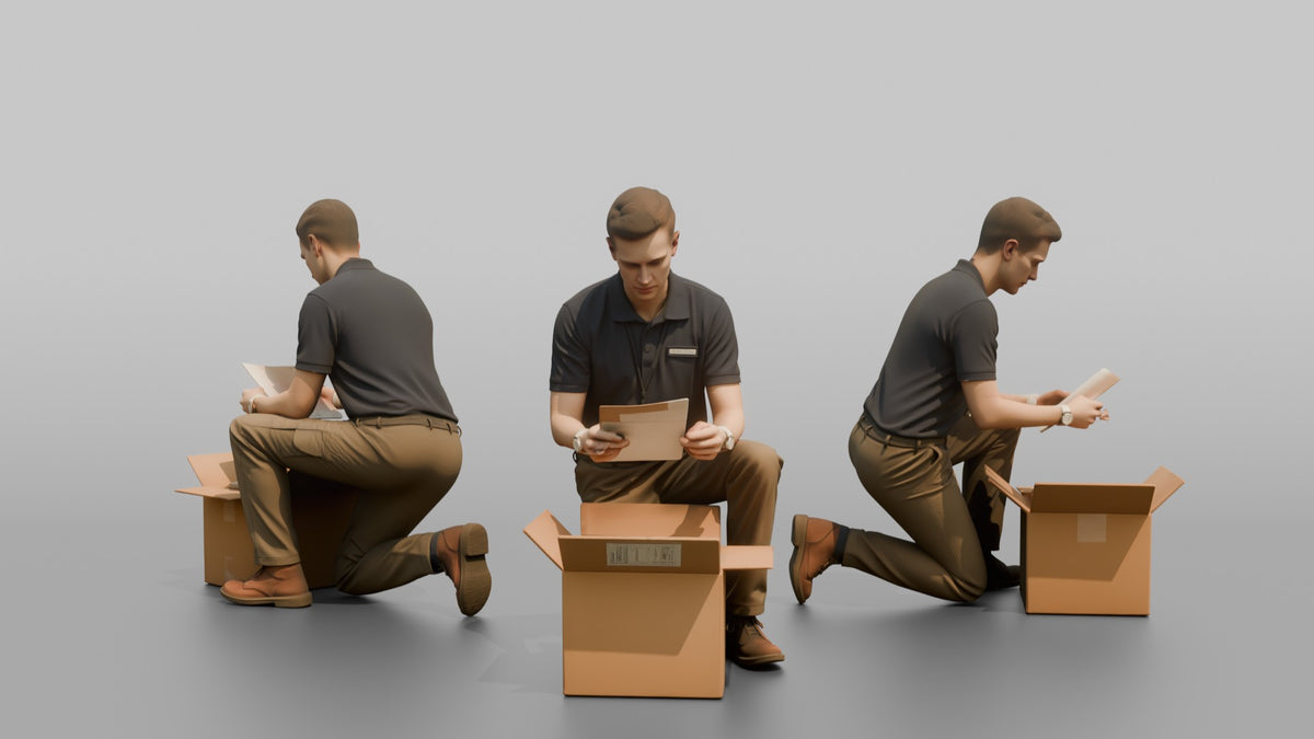 Man Stock Clerk Checking A Delivery Box Against A Packing Slip - 3D character model, view 1