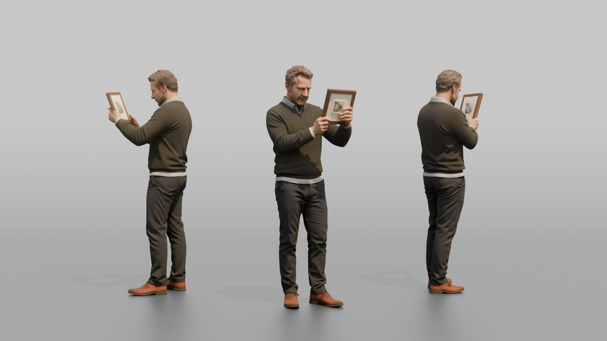 Man Customer Holding Up A Picture Frame To Inspect It Closely - 3D character model, view 1