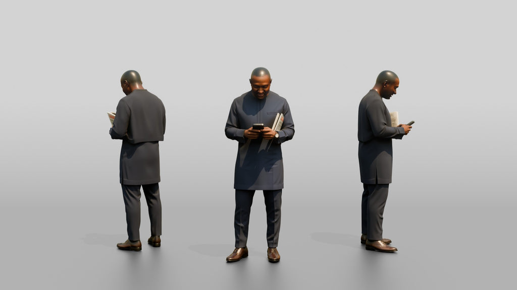 African Man in a Senator-Style Suit Checking His Phone