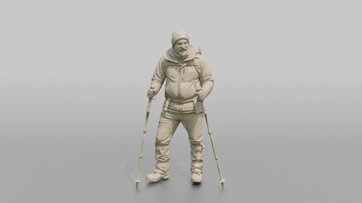Hiker Planting Trekking Poles in the Snow - wireframe topology preview
