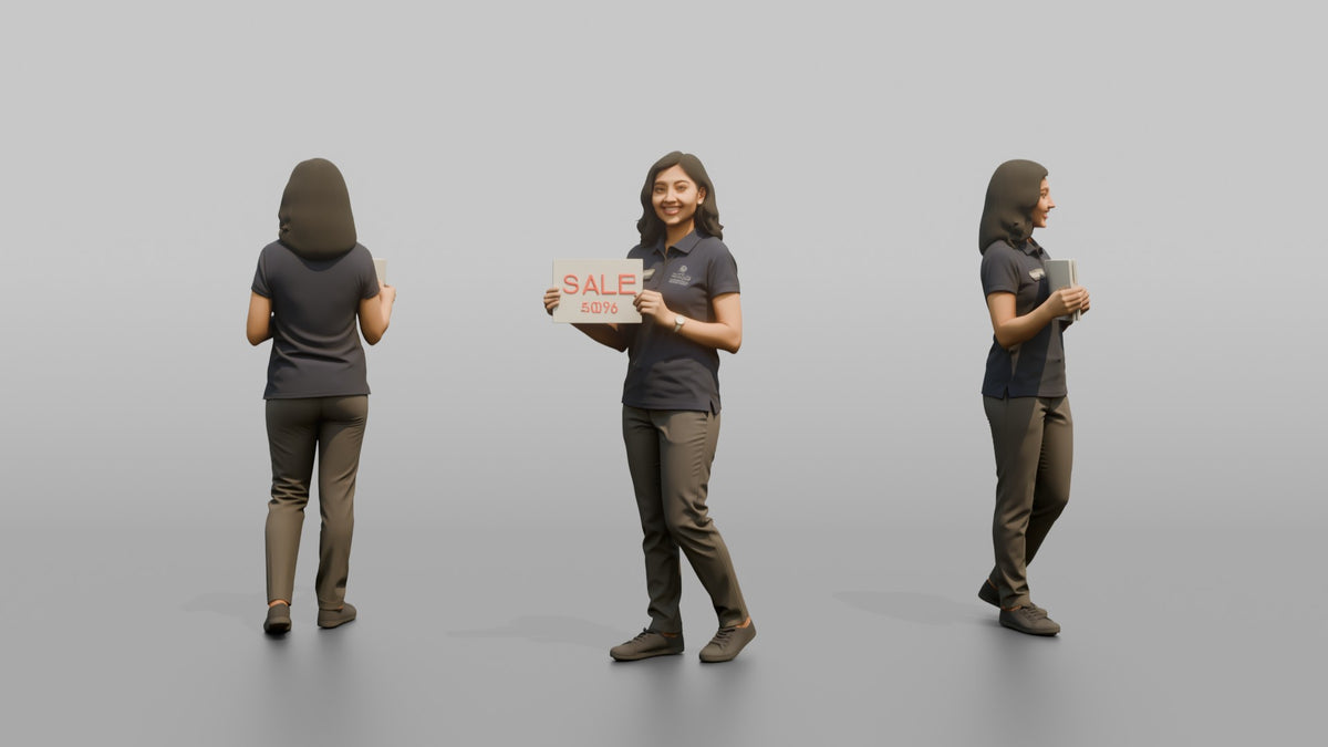 Woman Sales Associate Holding Up A Sale Sign - 3D character model, view 1