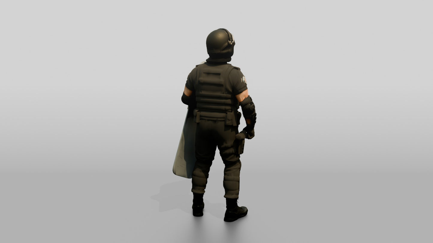 Riot Police Officer Standing with Shield