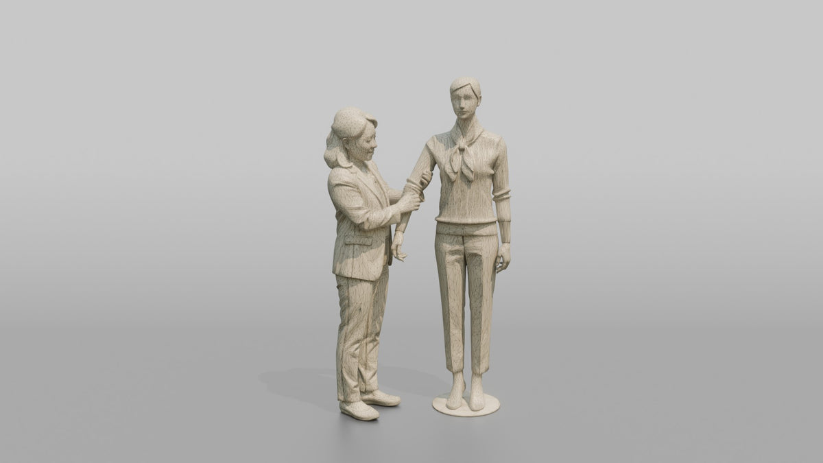 Woman Sales Associate Adjusting A Mannequin's Arm - wireframe topology preview