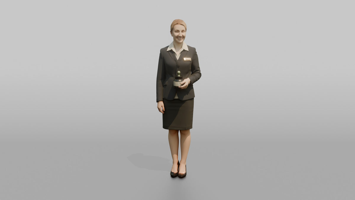 Receptionist Woman Holding A Small Vase Of Flowers - 3D character model, view 5