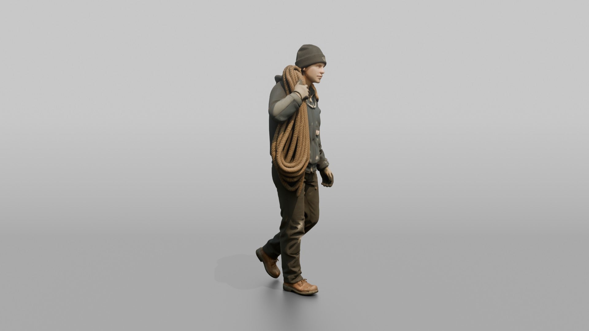 Deckhand Carrying a Coil of Rope on Deck