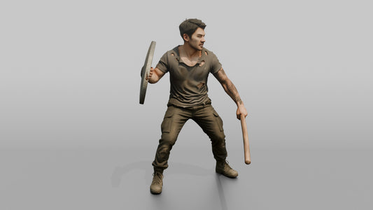 Protester Man with a Riot Shield and Baton - 3D character model, view 1