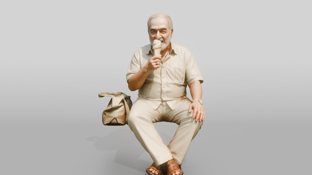 Stocky Elderly Persian Man Eating an Ice Cream Cone