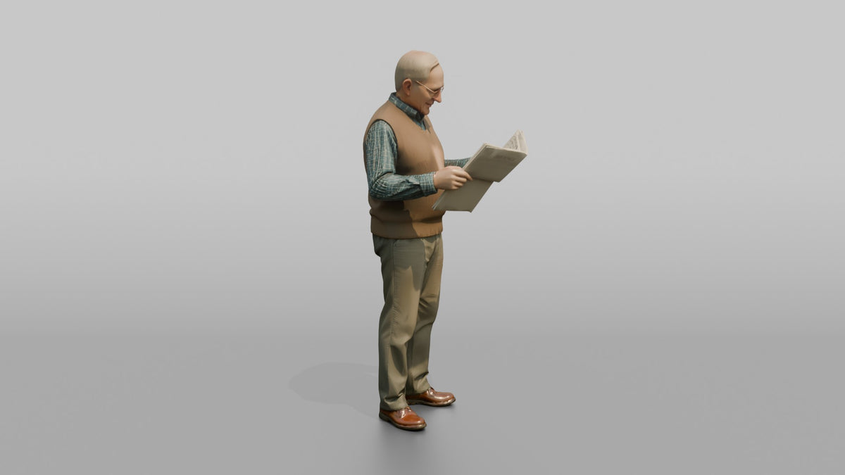 Grandfather Holding A Newspaper, Reading Through His Glasses - 3D character model, view 2