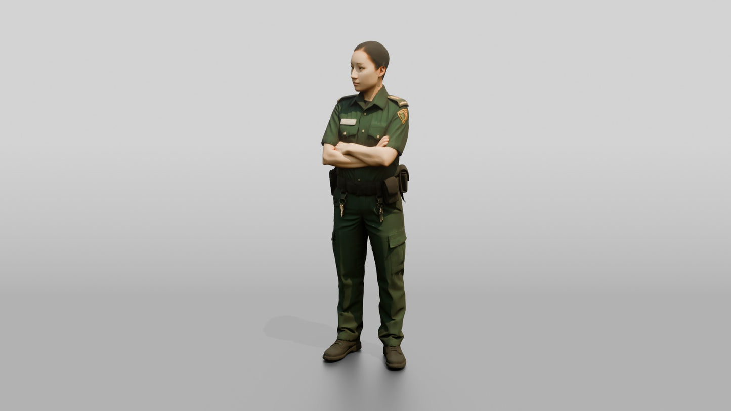 East Asian Female Guard in a Dark Green Guard Uniform