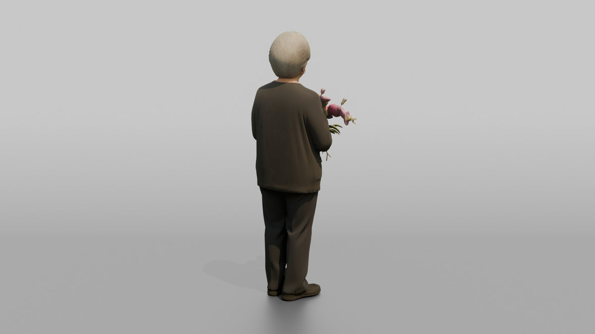 Grandmother Holding A Bouquet Of Garden Flowers - 3D character model, view 3