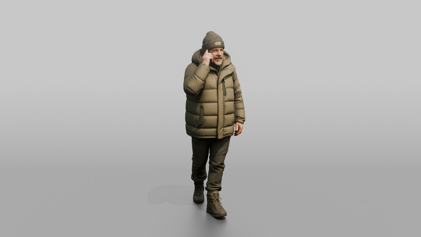 Scandinavian Man Talking on His Phone in a Puffer Coat