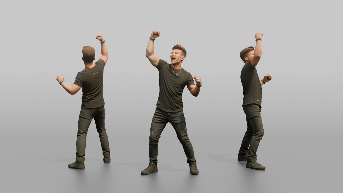 Club DJ Man Fist Raised In The Air, Energetic Pose - 3D character model, view 1