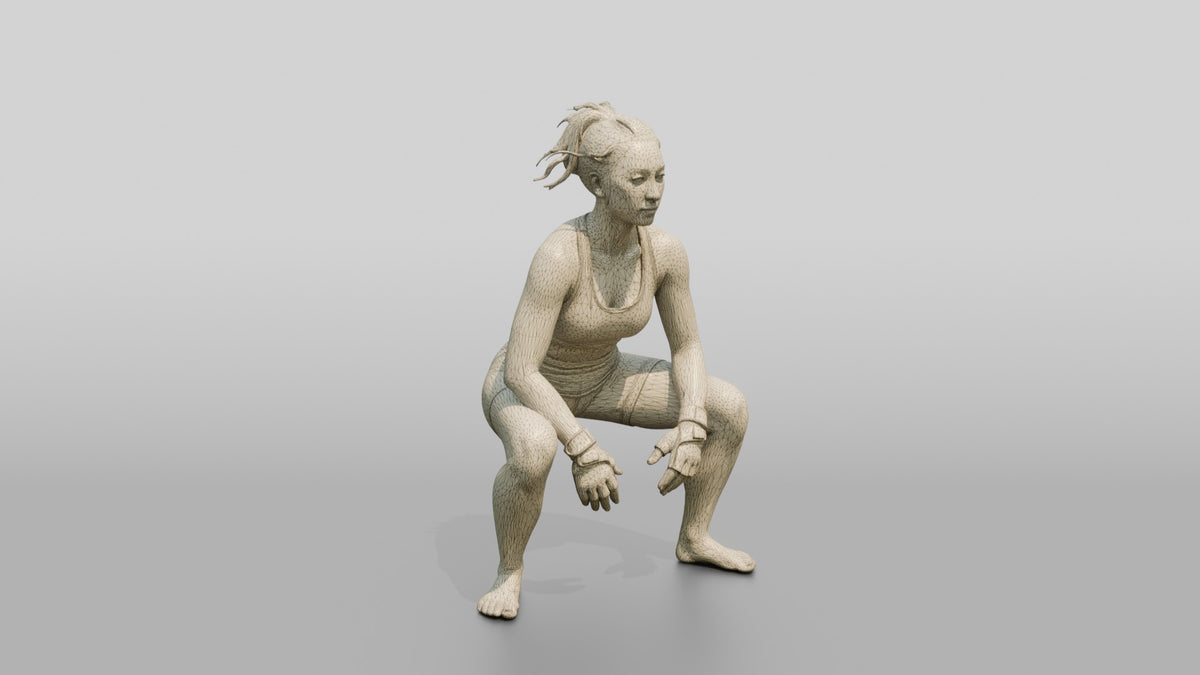 Woman Squatting with Fitness Gloves - wireframe topology preview