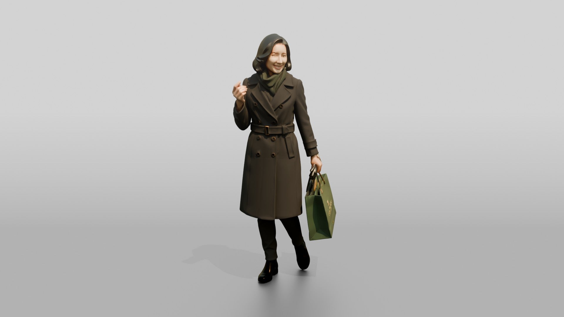 Woman in Double-Breasted Coat with Shopping Bag