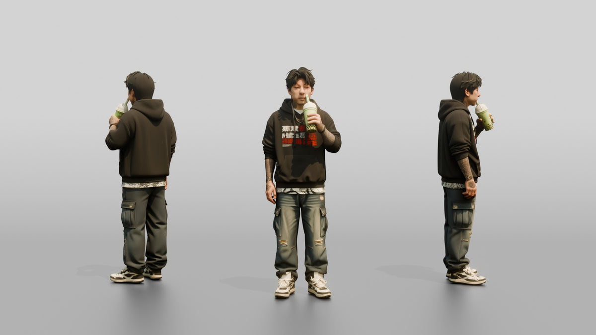 Asian Man Drinking Matcha Boba - 3D character model