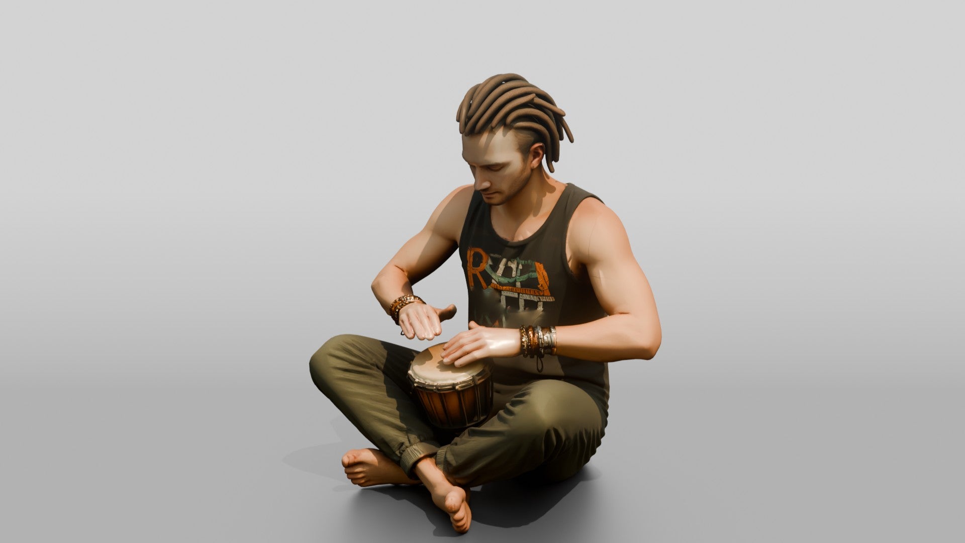 Hippie Man Playing a Djembe Drum