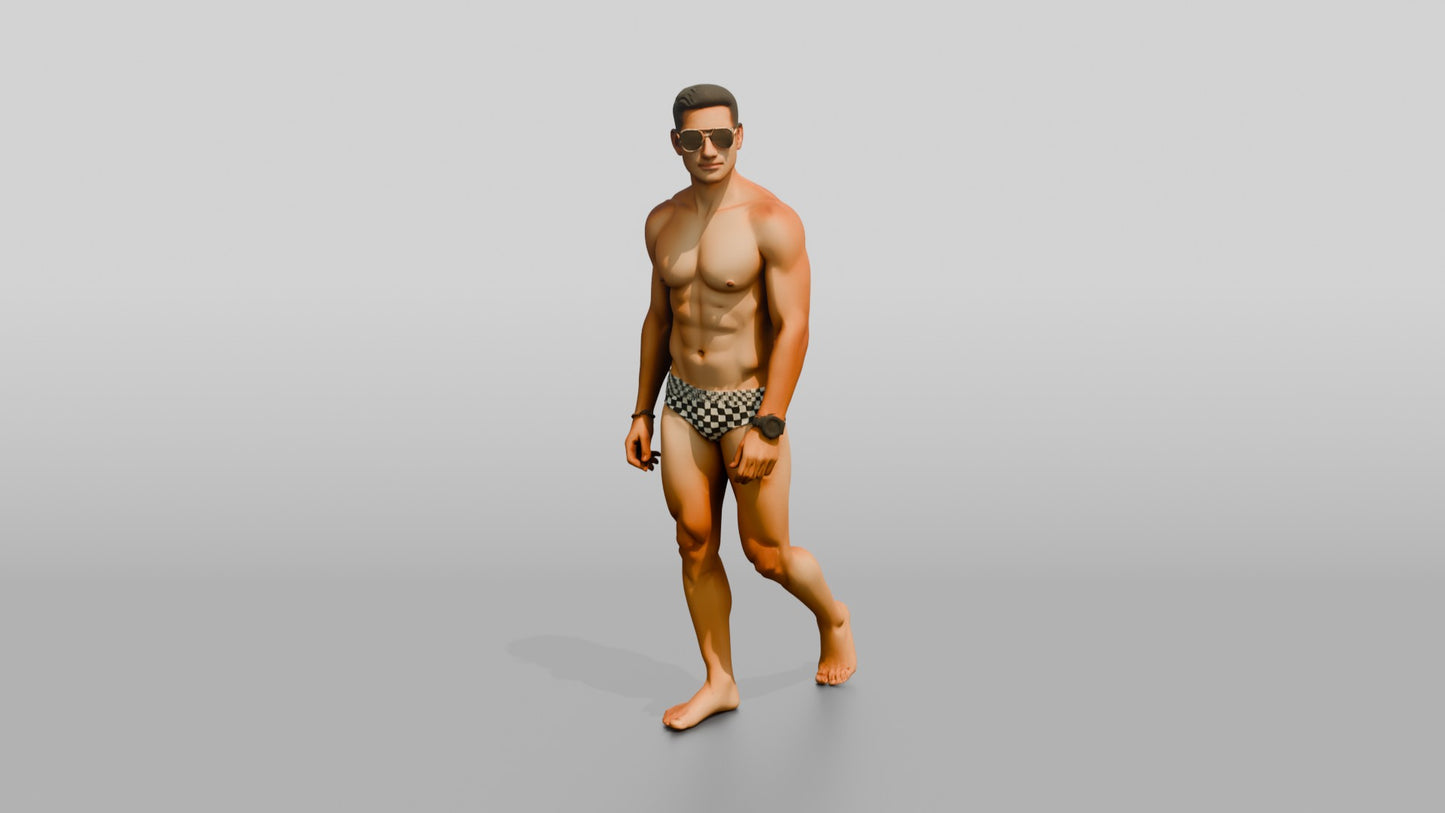Latino Beach Athlete in Checkerboard Swim Brief