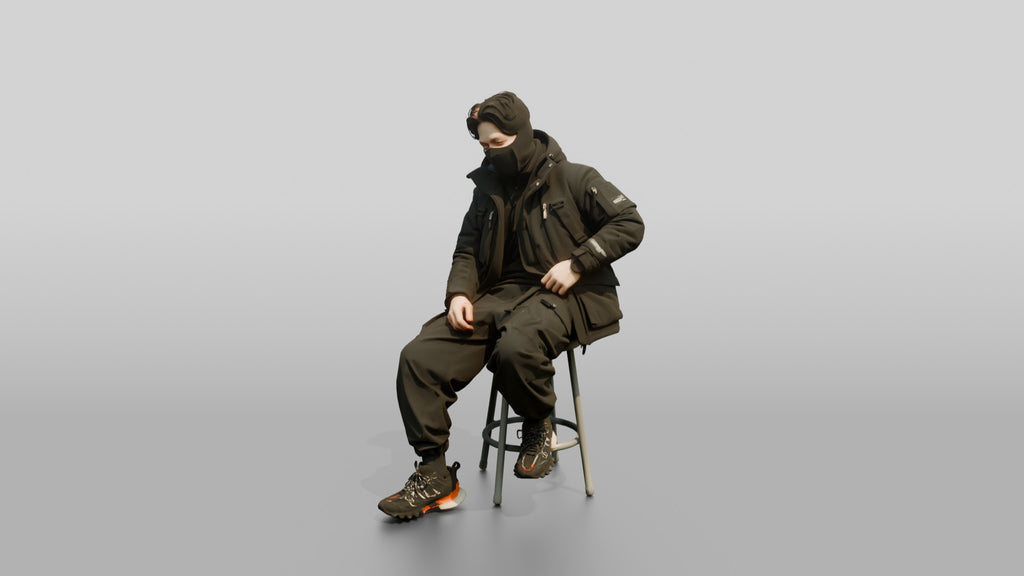 Techwear Man Relaxing on a Stool