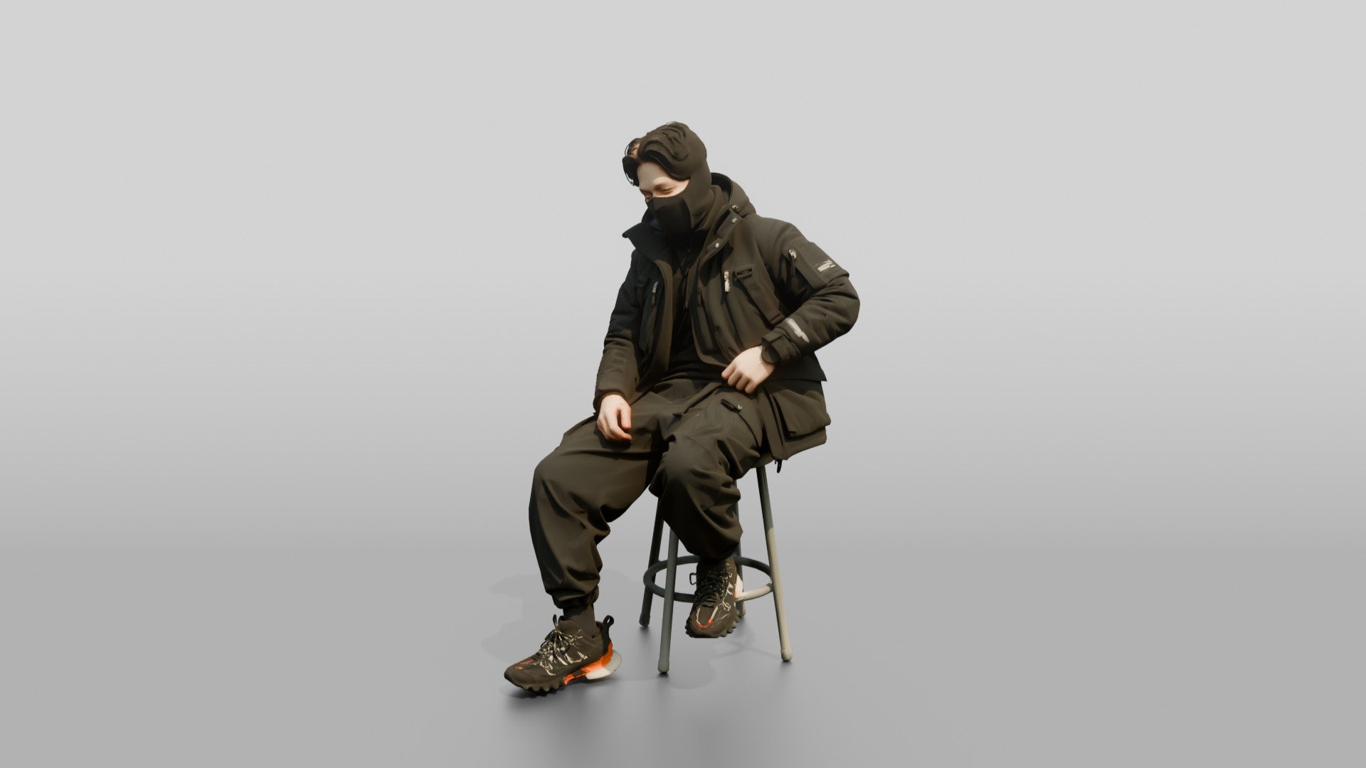 Techwear Man Relaxing on a Stool