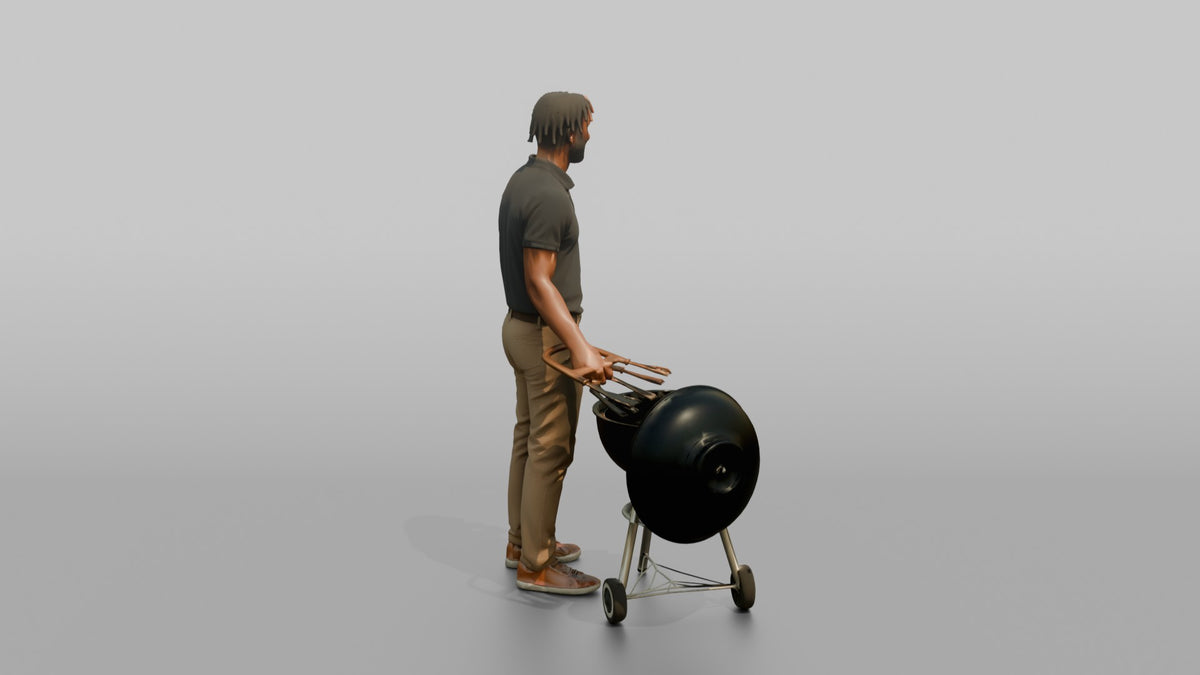 Father Holding Barbecue Tongs, Standing Beside A Grill - 3D character model, view 3