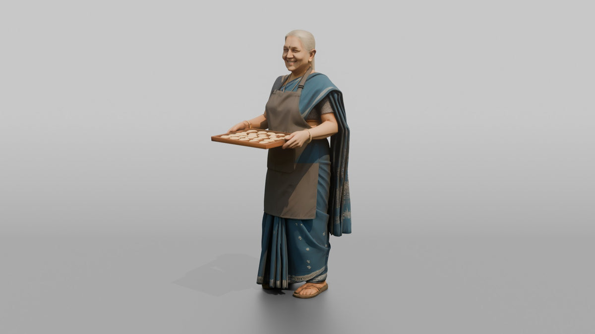Grandmother Holding A Tray Of Freshly Baked Cookies - 3D character model, view 4