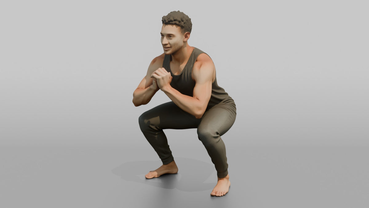 Fitness Influencer Man Doing A Bodyweight Squat With Hands Clasped - 3D character model, view 4