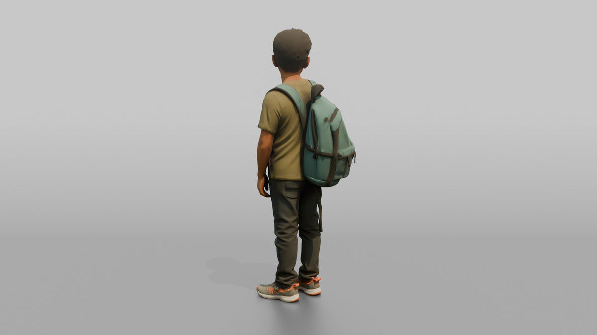 Son Carrying A Backpack By One Strap Over His Shoulder - 3D character model, view 3