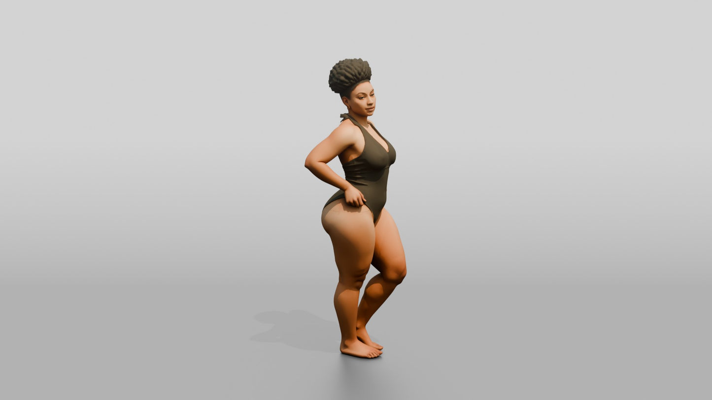 Curvy Black Woman in Olive One-Piece Swimsuit Hands on Hips