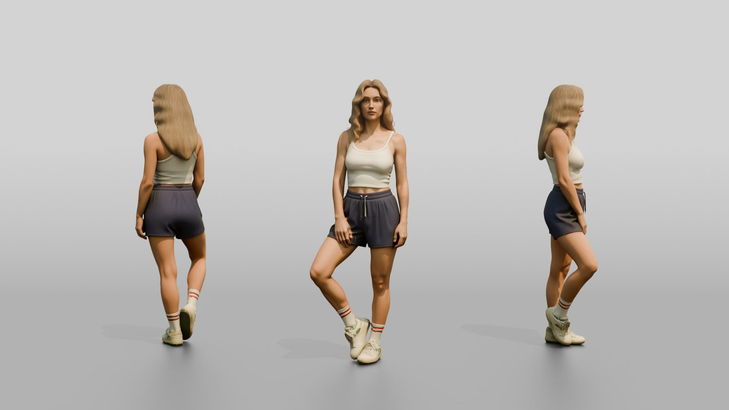Blonde Woman Walking in Cream Tank Top and Shorts