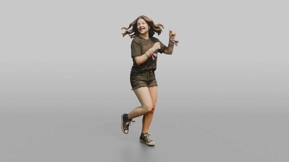 Patron Woman Dancing Energetically, Bright Colorful Wristbands Stacked - 3D character model, view 5