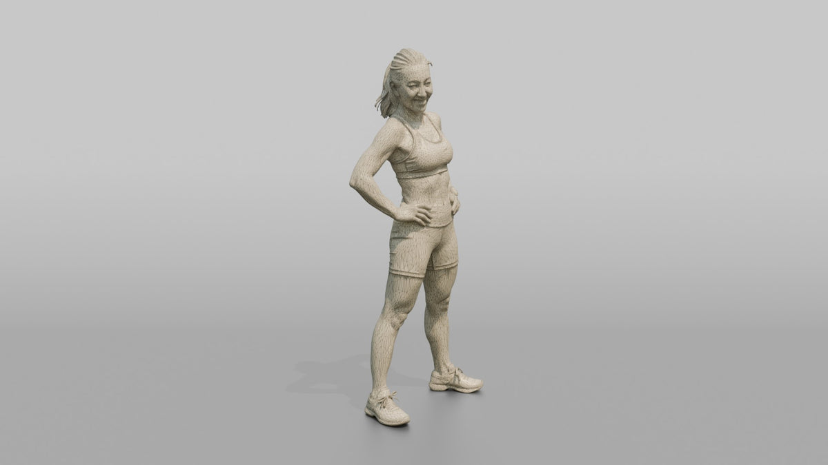 Physique Model Woman Leaning Back Slightly, Hands On Hips - wireframe topology preview