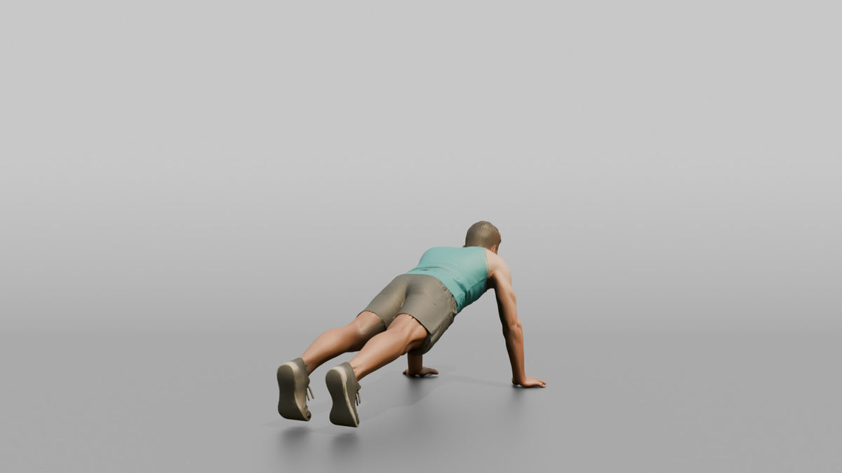 Bodyweight Athlete Man Mid-burpee, Hands On The Ground - 3D character model, view 3