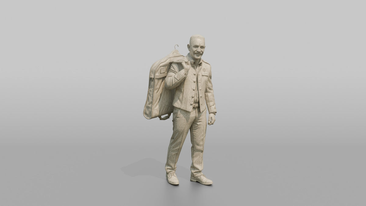Bellhop Man Carrying A Garment Bag Over One Shoulder - wireframe topology preview