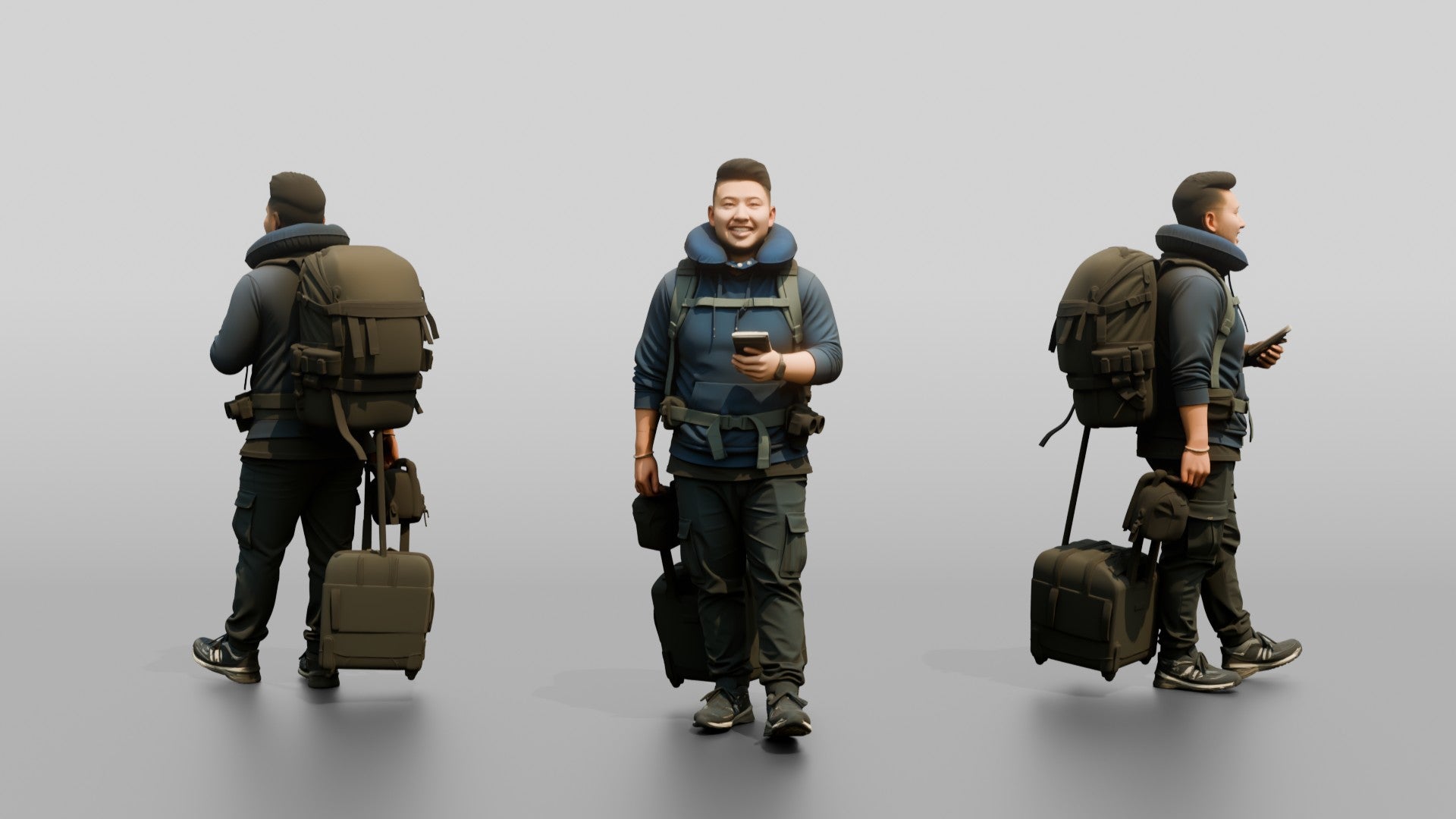 Plus-Size Asian Man with Travel Pillow Backpack and Luggage