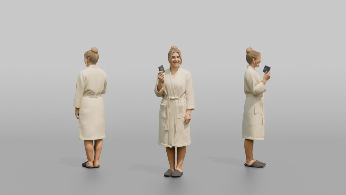 Spa Client Woman Standing Holding A Spa Locker Key Card - 3D character model, view 1