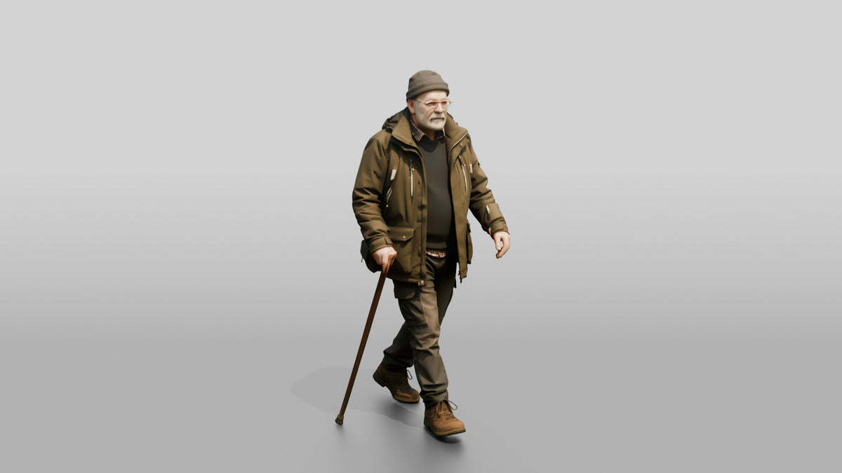 Elderly White Man Walking Slowly in Waterproof Jacket - 3D character model, view 1