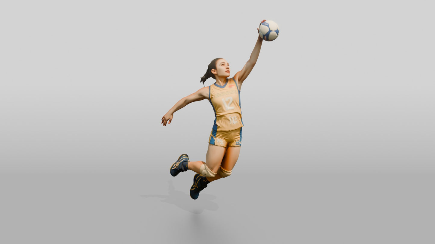 Hispanic Female Volleyball Player in Gold and Blue Uniform