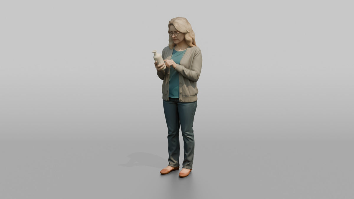 Woman Customer Reading The Label On A Bottle Of Lotion - 3D character model, view 5