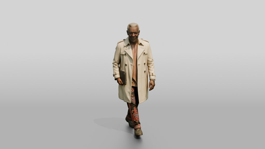 Elderly African Man in a Trench Coat Holding a Tablet
