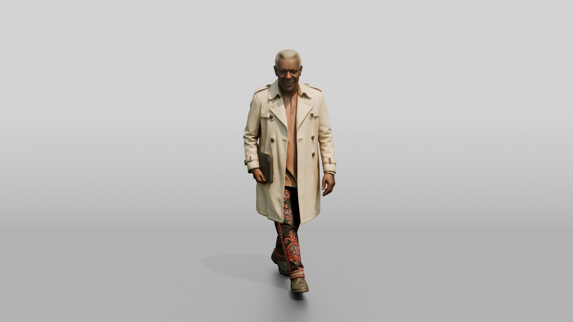 Elderly African Man in a Trench Coat Holding a Tablet