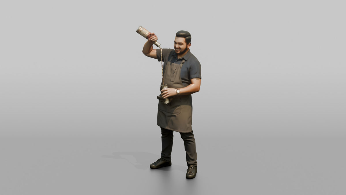 Bartender Man Holding A Bottle Up, Mid-pour - 3D character model, view 4