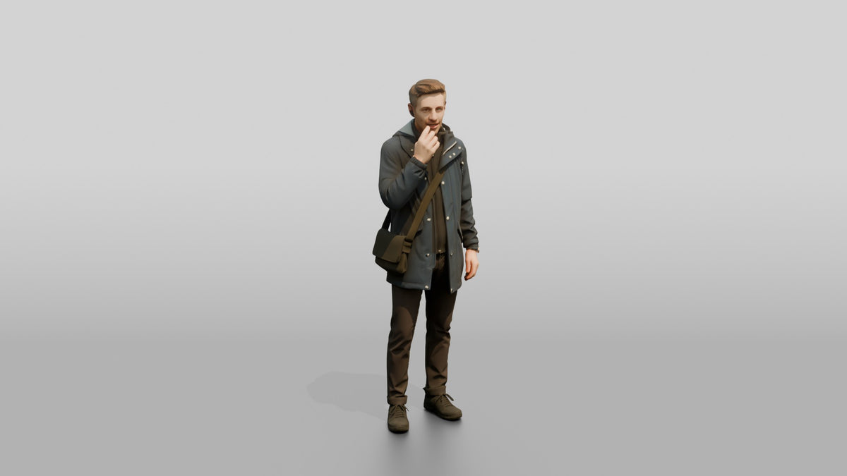 White Man in Dark Raincoat with Earbud - 3D character model, view 1