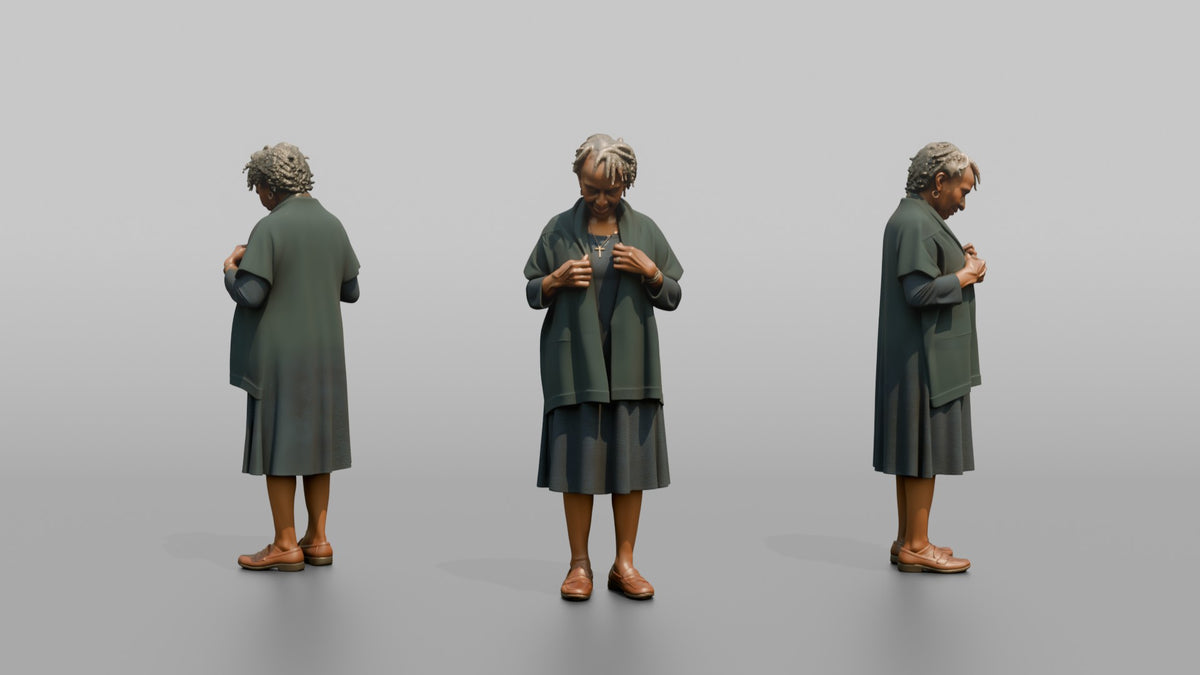 Grandmother Adjusting A Shawl Around Her Shoulders - 3D character model, view 1
