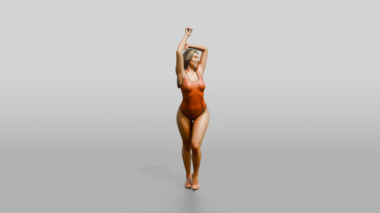 Curvy Woman in Coral One-Piece Swimsuit Arm Raised