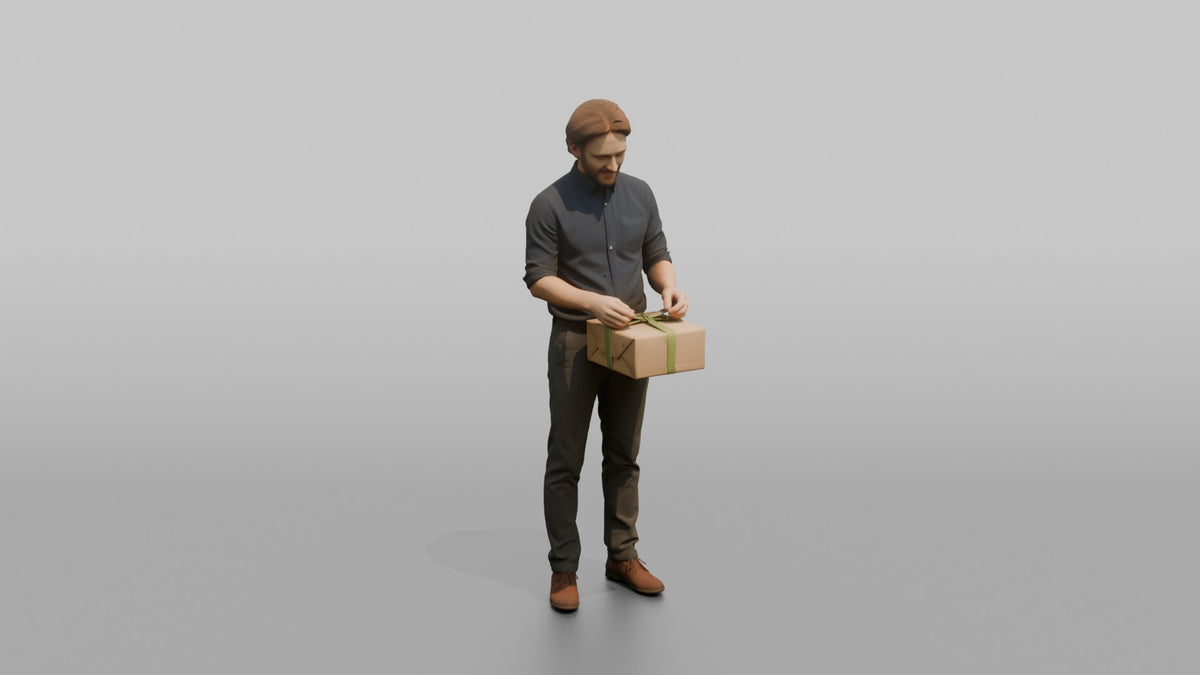 Man Sales Associate Wrapping A Gift Box With Ribbon - 3D character model